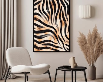 May include: A rectangular wall art piece featuring a black and tan zebra stripe pattern with a painted texture. The artwork is enclosed in a thin black frame and displays flowing, organic lines that create a bold, high-contrast visual effect.