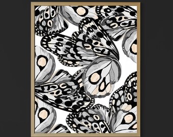 Abstract Butterfly Wings Poster | Black and White Pattern Art | Modern Digital Wall Print