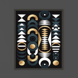 Modern Geometric Abstract Art Print | Black, Gold & White Shapes Wall Decor | Futuristic Digital Artwork for Contemporary Interiors