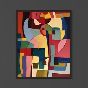 Puede incluir: Impresión artística abstracta con una vibrante composición de formas geométricas y colores llamativos. La obra de arte incluye tonos rojos, amarillos, azules y rosas, con un marco negro. El diseño de la pintura es moderno y atractivo, adecuado para la decoración del hogar.