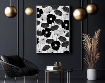 Elegant Black and White Floral Line Art – Monochrome Botanical Wall Art with Graphic Flowers for Modern Interior Decor