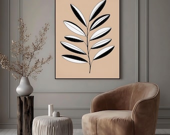 Beige Black Botanical Leaf Art | Minimalist Neutral Japandi Wall Decor | Digital Download