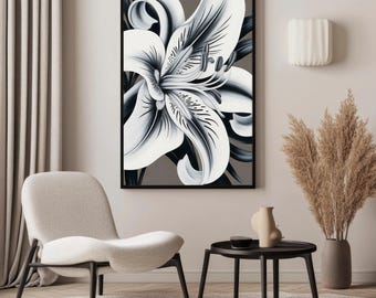 Wandbild mit Lilienmotiv in Schwarz und Weiß, eleganter, moderner botanischer Blumendruck