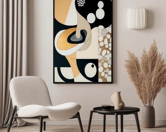 Black Beige Gold Abstract Wall Art | Neutral Geometric Modern Minimalist Print | Digital Download