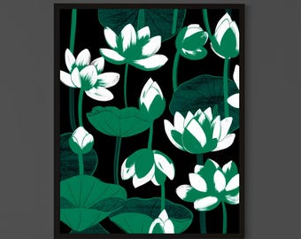 Lotus Flower Art Print, Green White Floral Illustration, Botanical Wall Decor (Digital Download)