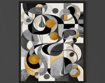Abstract Geometric Wall Art in Black, Grey and Gold – Modern Cubist Style Painting for Contemporary Living Room