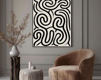 Black White Spiral Wall Art | Modern Abstract Brushstroke Line Print | Digital Download