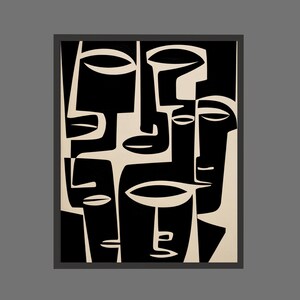 以下が含まれることがあります： 抽象的な白黒のアートワークで、様式化された顔が特徴です。顔は大胆な幾何学的な形と線で構成されており、モダンでミニマリストな美学を作り出しています。アートワークは黒いフレームで囲まれています。