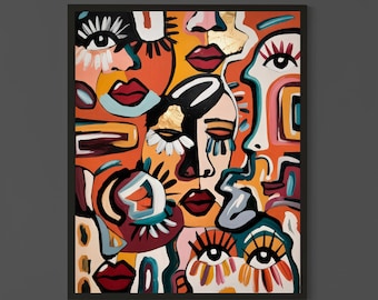 Vibrant Abstract Faces Wall Art Print – Modern Colorful Line Art Portrait Composition for Contemporary Home Decor, Boho Aesthetic Artwork