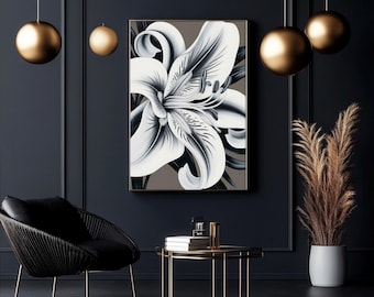 Black White Lily Flower Wall Art, Elegant Botanical Floral Modern Print