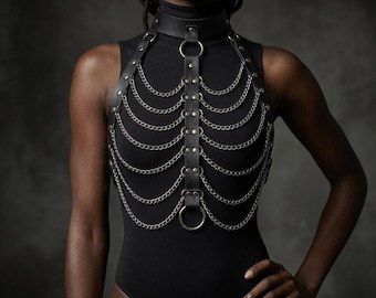 Cadena corporal para caja torácica, arnés de esqueleto, gargantilla de cadena para el pecho, arnés de cuero para el pecho, arnés Steampunk para mujer, collar corporal, joyería corporal rave