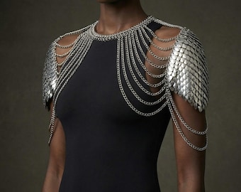 Armadura de hombro de escamas de dragón, collar de cota de malla, arnés de joyería para el hombro, collar de charretera, pieza de hombro para cosplay, joyería de cadena para el cuerpo