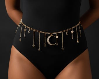 Celestial chain belt, Moon waist chain, Star chain belt, Boho waist chain, Plus size chain belt, Celestial body jewelry, Waist accessory