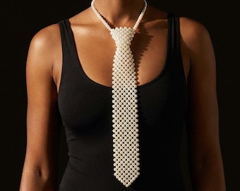 Pearl necktie, Beaded tie necklace, Pearl statement necklace, Bold necklaces for women, Elegant pearl jewelry, Festival accessories