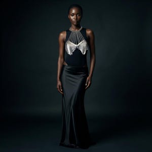 May include: A woman wearing a black bodysuit with a silver chainmail top and a long black satin skirt. The chainmail top has a unique design, and the skirt flows to the floor. The background is a dark, solid color.