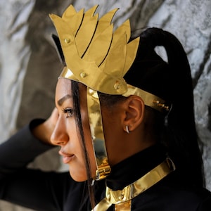 Gold warrior headpiece, Armor crown, Futuristic head accessory, Cosplay headpiece, Festival crown, Rave headpiece, Avant garde headpiece
