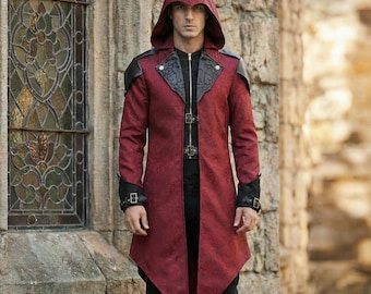 Assassin hood coat, Mens gothic jacket, Assassin costume, Steampunk clothing men, Hooded trenchcoat, Gothic fashion men,Medieval duster coat