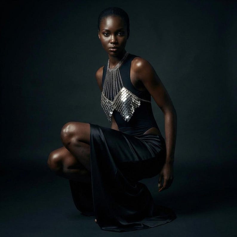 May include: A woman in a black dress and silver chainmail top. The dress has a thigh-high slit. The silver top is made of multiple silver discs and chains. The woman is crouching on a dark background.