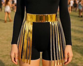 Cinturón con flecos dorados, falda con flecos para festivales, falda con flecos para fiestas rave, falda para Coachella, falda para cosplay, cinturón cyberpunk, cinturón futurista