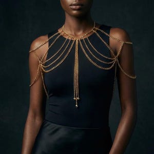 Schouderkettingharnas, gouden schouderketting, gedrapeerd schouderstuk, schouderaccessoires, rave-bodypiercing, sieraden voor fotoshoots