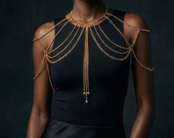 Shoulder chain harness, Gold shoulder necklace, Draped shoulder piece, Shoulder accessories, Rave body jewelry, Photoshoot jewelry