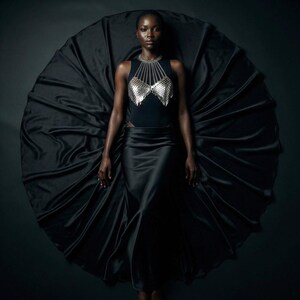May include: A woman wearing a black sleeveless bodysuit with a silver chainmail top and a long black satin skirt. The skirt is spread out in a circular shape. The background is a dark gray.