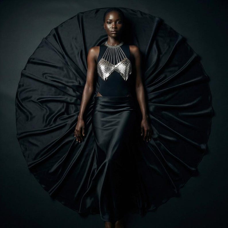 May include: A woman wearing a black sleeveless bodysuit with a silver chainmail top and a long black satin skirt. The skirt is spread out in a circular shape. The background is a dark gray.