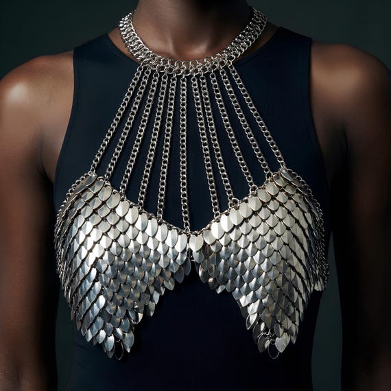 Dragon scale bra, Chain halter top, Chain armor bra, Metallic rave top,Chainmail body chain,Mermaid scale armor top,Burning man accessories
