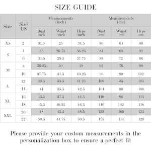 May include: A size guide chart with measurements in inches and centimeters. The chart includes bust, waist, and hip measurements for sizes XS to XXL. Text at the bottom encourages providing custom measurements for a perfect fit.