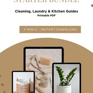 May include: Digital download bundle titled "Non-Toxic Home Starter Bundle" with guides for cleaning, laundry, and kitchen. The image shows three tablets displaying a basket, soap, and a plant. Text includes "3 Mini's - Instant Download".