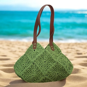 Crochet Summer Raffia Tote Bag, Straw Beach Shoulder Tote Bag, Raffia Mesh Minimal Boho Bag,Summer Woven Leather Tote Bag For Women,