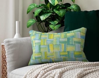 Watercolor Woven Pattern Lumbar Pillow | Green Blue Yellow Decorative Pillow