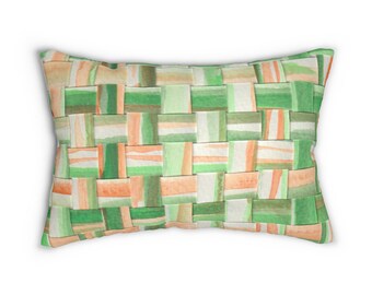 Green Peach Watercolor Woven Pattern Lumbar Pillow | Geometric Basketweave