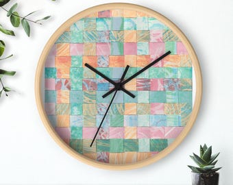 Pastel Mosaic Wall Clock | Geometric Tile Pattern, Aqua Pink Peach