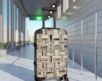 Neutral Woven Texture Suitcase | Travel Luggage, Beige Basketweave Pattern