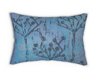 Blue Botanical Pattern Lumbar Pillow | Abstract Floral Throw Pillow