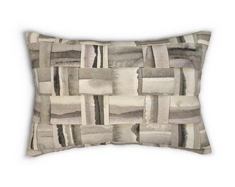 Neutral Watercolor Woven Pattern Lumbar Pillow | Beige Gray Rectangular Cushion