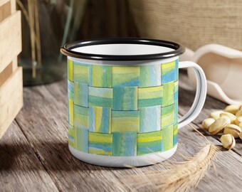 Green Blue Watercolor Woven Pattern Enamel Cup | Camping Mug