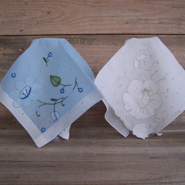 Pair Vintage Embroidered Appliquéd Hankies - Blue and White