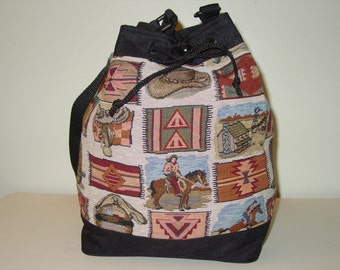 Western Horse Tapestry Drawstring Purse, Equestrian Handbag, Made in USA