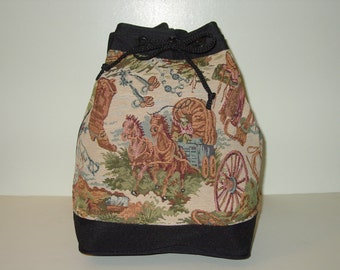 Western Horse Tapestry Drawstring Purse, Equestrian Handbag