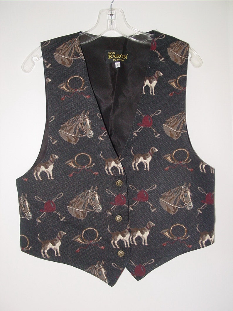 Equestrian Vest Black and Blue Neck Vest Horse and Hound Italian Tapestry V