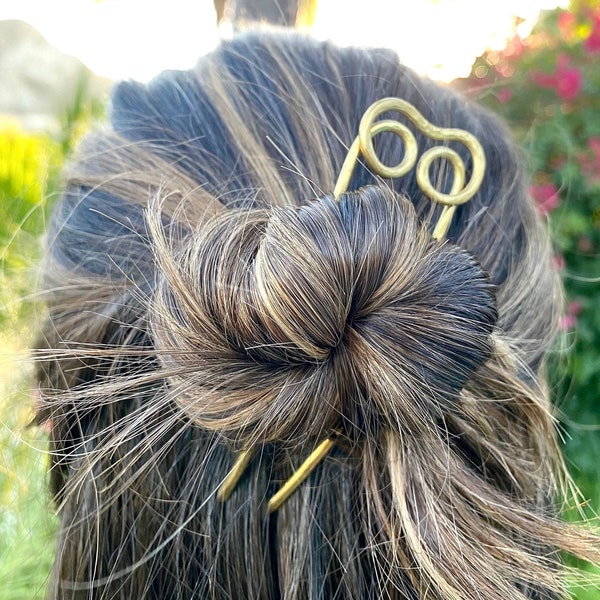 Double Loop Hammered Brass Hair Pin - Made to order