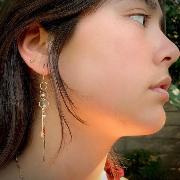 Gold Chime Earrings with Turquoise, Freshwater Pearl and Coral