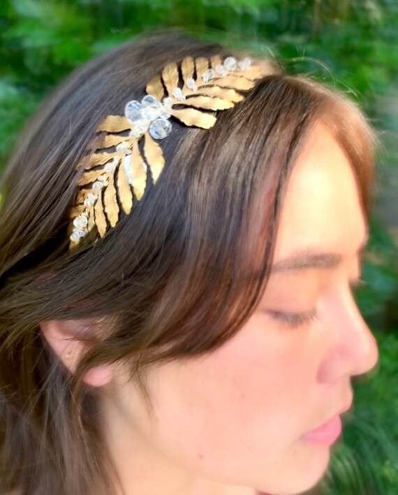 Vintage Gold Leaf Crystal Headband - Gold and Clear Handmade 1950s Gold Crystal Bridal Headpiece: Vintage  main image 2