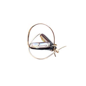May include: A pair of gold-colored hoop earrings. Each earring features a rectangular, iridescent, abalone shell bead suspended within the hoop. The earrings have a minimalist design, with a focus on the natural beauty of the abalone.