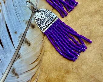 Silver Beaded Fringe Earrings, Purple / Magenta