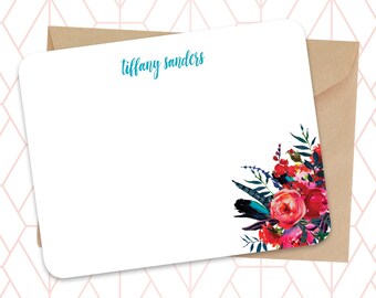 PERSONALIZED STATIONERY | I Rustic Summer Boho Floral Flat Cards | Notecard Set | Feather Notecards