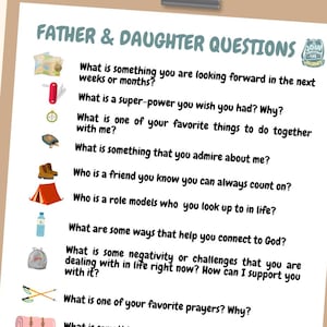 May include: A printed list of "Father & Daughter Questions" clipped to a clipboard. The questions are designed to encourage communication and bonding. The image also includes a silhouette of a father and daughter and the words "Father Daughter Bonding".