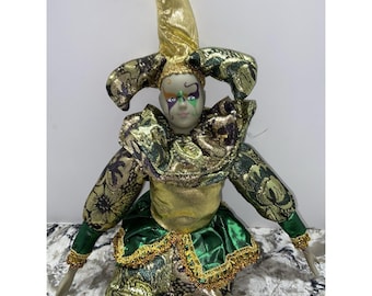 Zabytkowa lalka JESTER Sugar Loaf Harlequin Clown Mardi Gras 17"